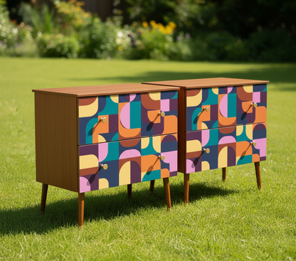 Hand-Painted Mid-Century Modern Nightstand Set – Abstract Geometric Art Furniture (Set of 2)