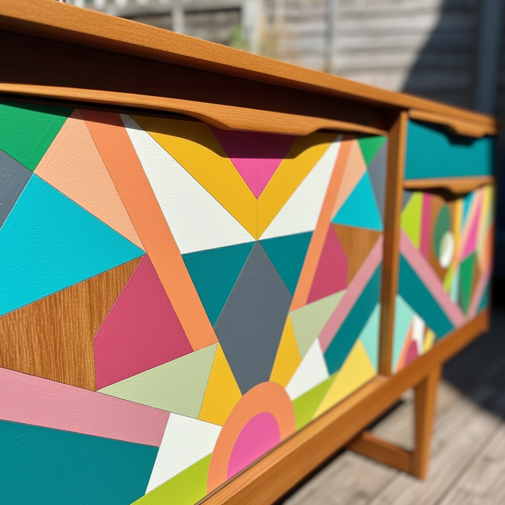 Hand-Painted MCM Pop Art Sideboard – 60" Bold Abstract Credenza