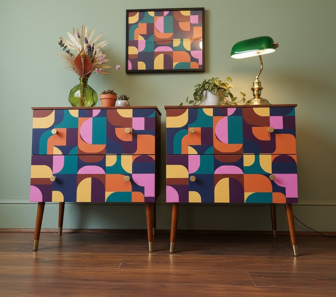 Hand-Painted Mid-Century Modern Nightstand Set – Abstract Geometric Art Furniture (Set of 2)