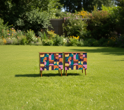 Hand-Painted Mid-Century Modern Nightstand Set – Abstract Geometric Art Furniture (Set of 2)