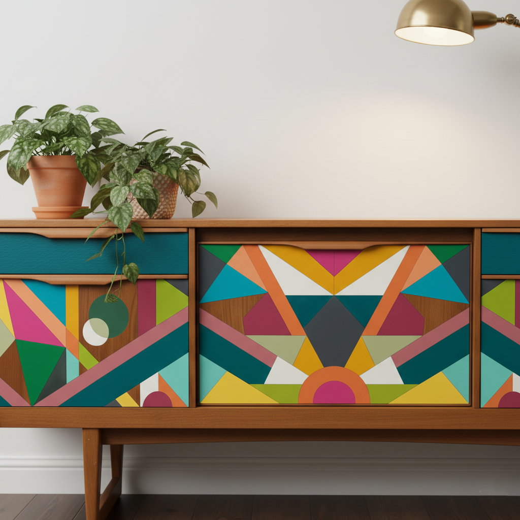 Hand-Painted MCM Pop Art Sideboard – 60" Bold Abstract Credenza
