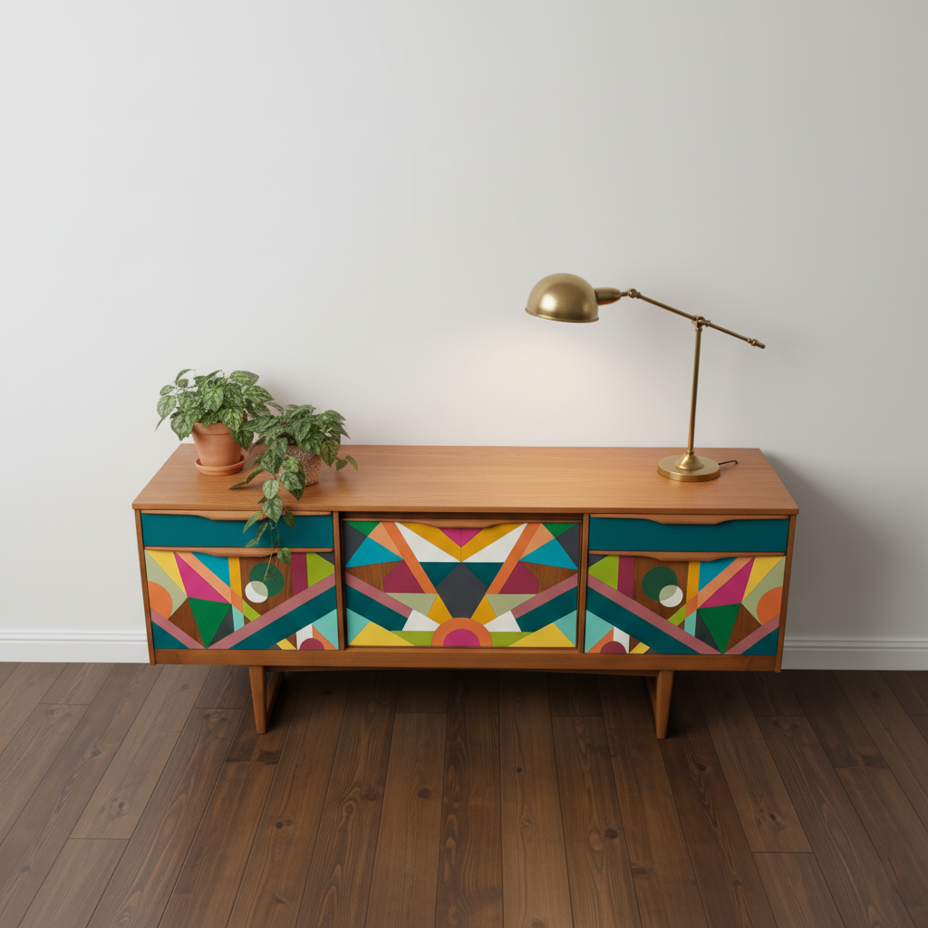 Hand-Painted MCM Pop Art Sideboard – 60" Bold Abstract Credenza