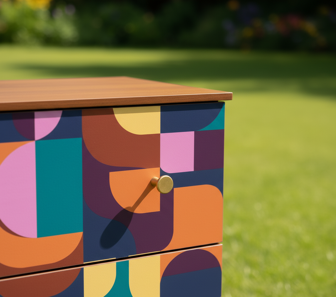 Hand-Painted Mid-Century Modern Nightstand Set – Abstract Geometric Art Furniture (Set of 2)