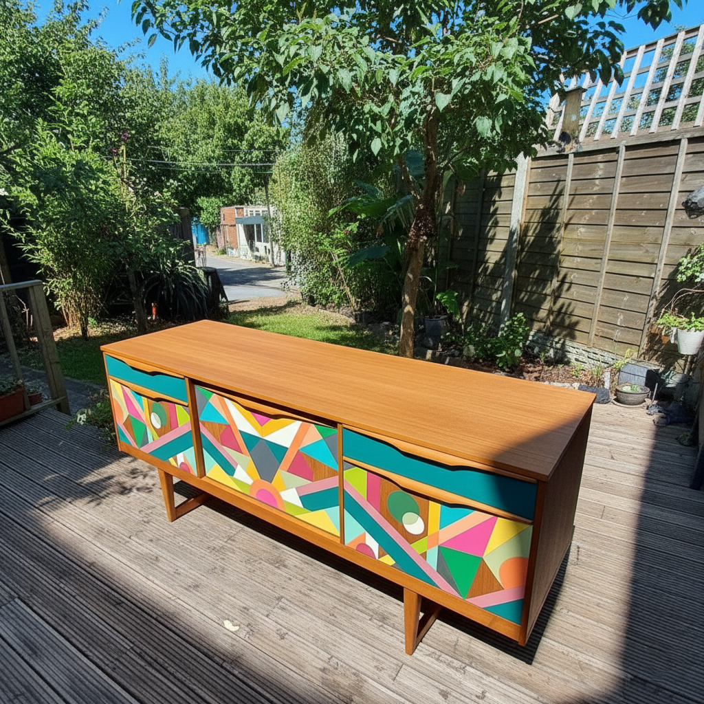 Hand-Painted MCM Pop Art Sideboard – 60" Bold Abstract Credenza