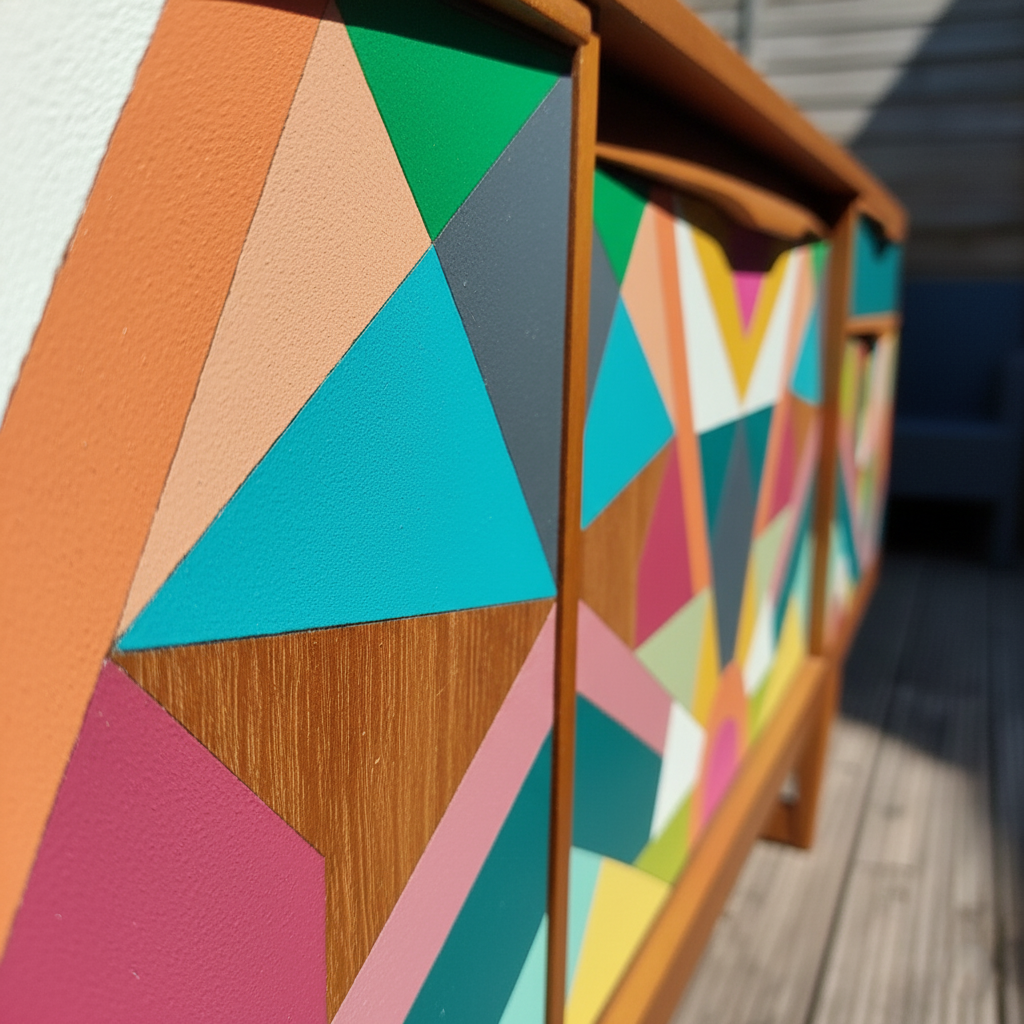 Hand-Painted MCM Pop Art Sideboard – 60" Bold Abstract Credenza