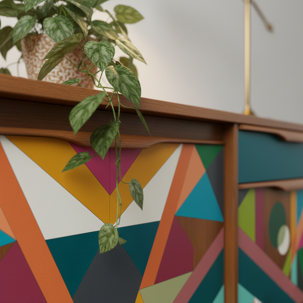 Hand-Painted MCM Pop Art Sideboard – 60" Bold Abstract Credenza