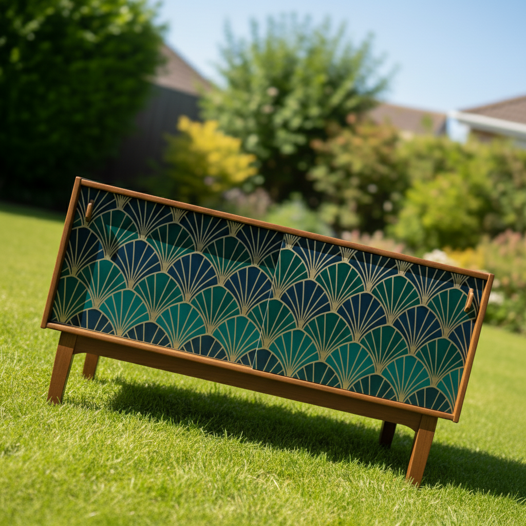 Hand-Painted Emerald Green Sideboard Credenza – Art Deco & Mid-Century Modern Fusion with Geometric Fan Design