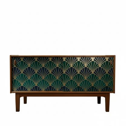 Hand-Painted Emerald Green Sideboard Credenza – Art Deco & Mid-Century Modern Fusion with Geometric Fan Design
