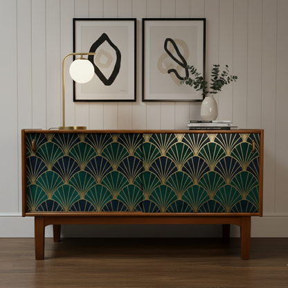 Hand-Painted Emerald Green Sideboard Credenza – Art Deco & Mid-Century Modern Fusion with Geometric Fan Design