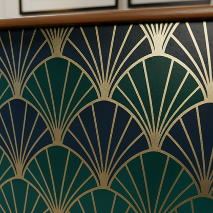 Hand-Painted Emerald Green Sideboard Credenza – Art Deco & Mid-Century Modern Fusion with Geometric Fan Design