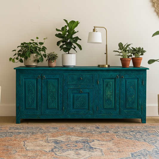 Hand-Carved Teal & Aqua Blue Sideboard – Bohemian Rustic Luxe Buffet & Media Console