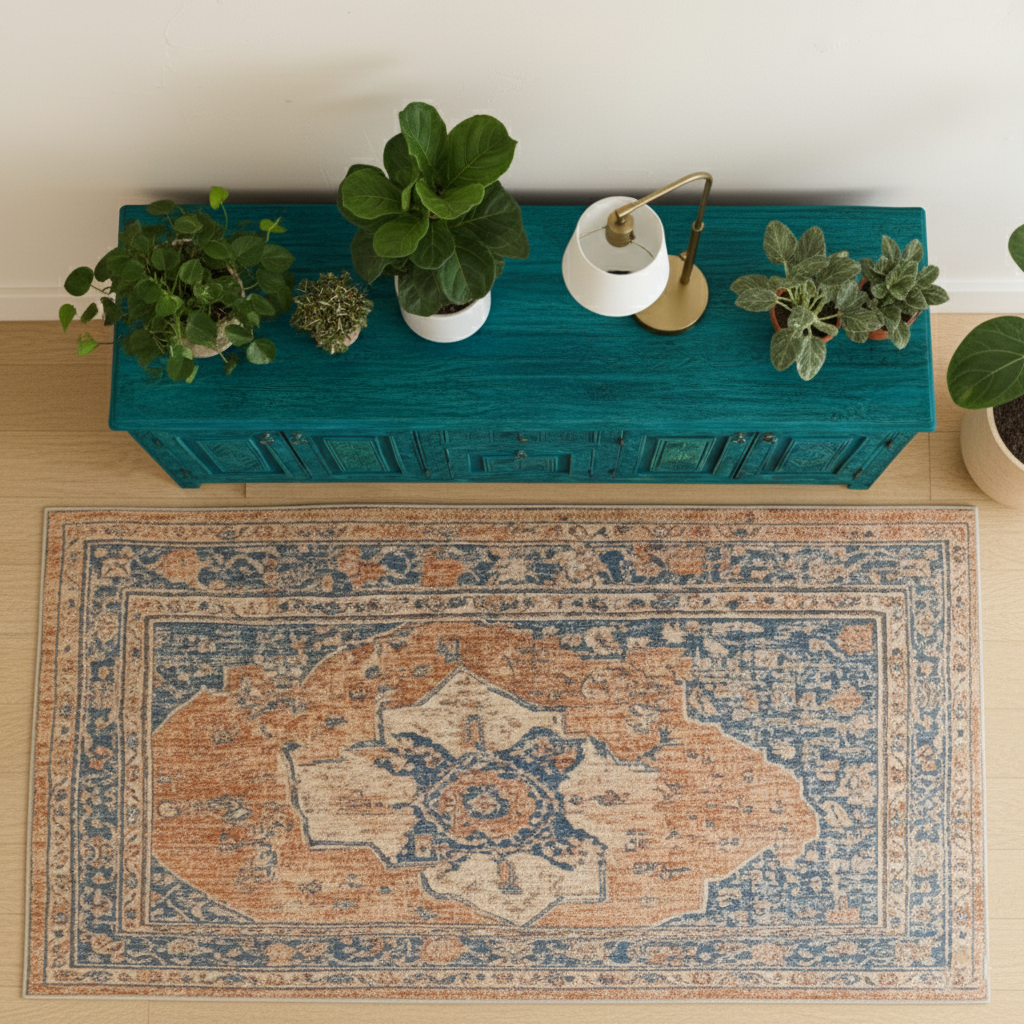 Hand-Carved Teal & Aqua Blue Sideboard – Bohemian Rustic Luxe Buffet & Media Console