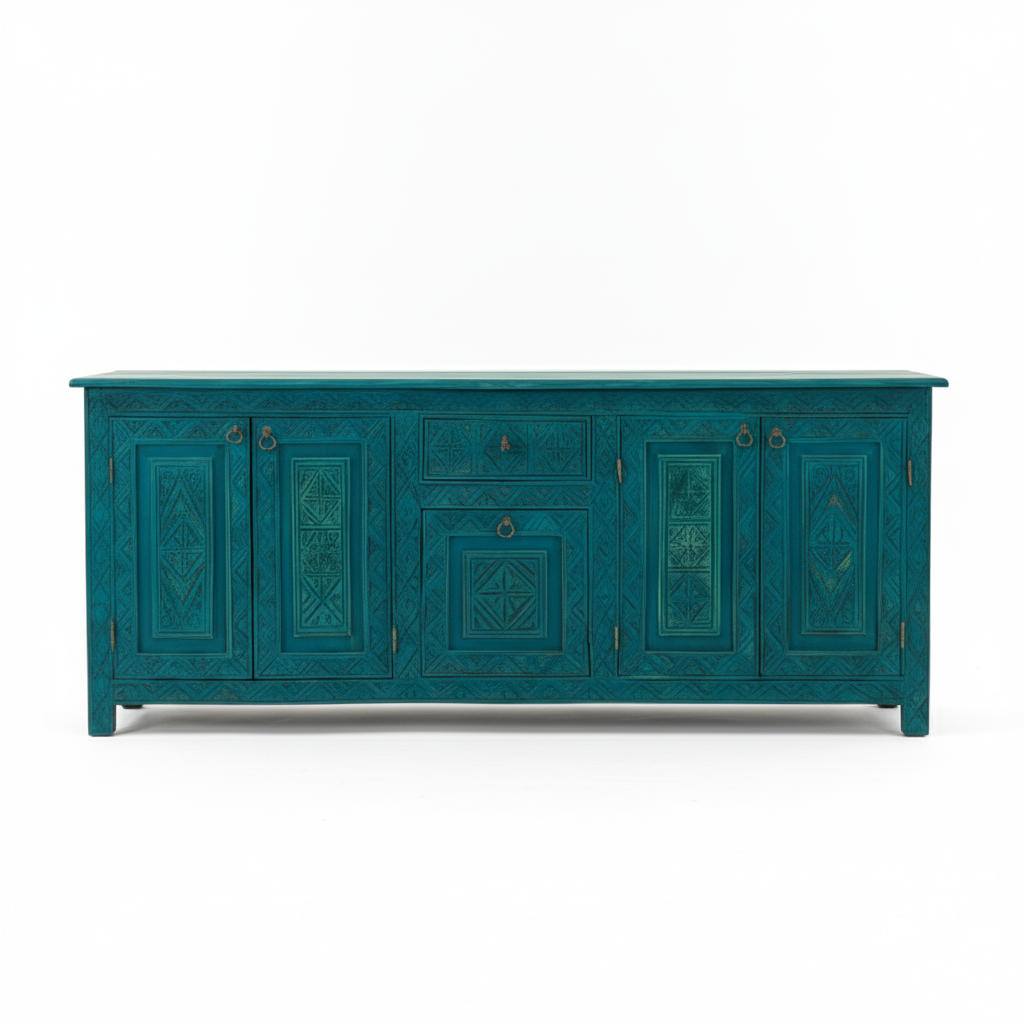 Hand-Carved Teal & Aqua Blue Sideboard – Bohemian Rustic Luxe Buffet & Media Console