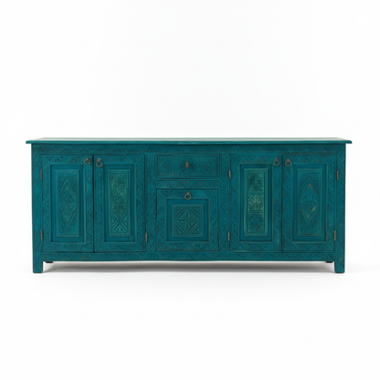 Hand-Carved Teal & Aqua Blue Sideboard – Bohemian Rustic Luxe Buffet & Media Console