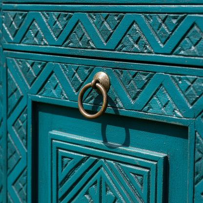 Hand-Carved Teal & Aqua Blue Sideboard – Bohemian Rustic Luxe Buffet & Media Console