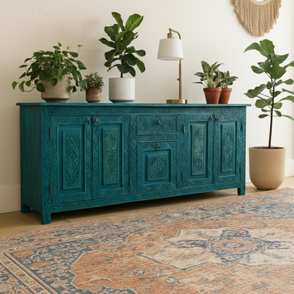 Hand-Carved Teal & Aqua Blue Sideboard – Bohemian Rustic Luxe Buffet & Media Console