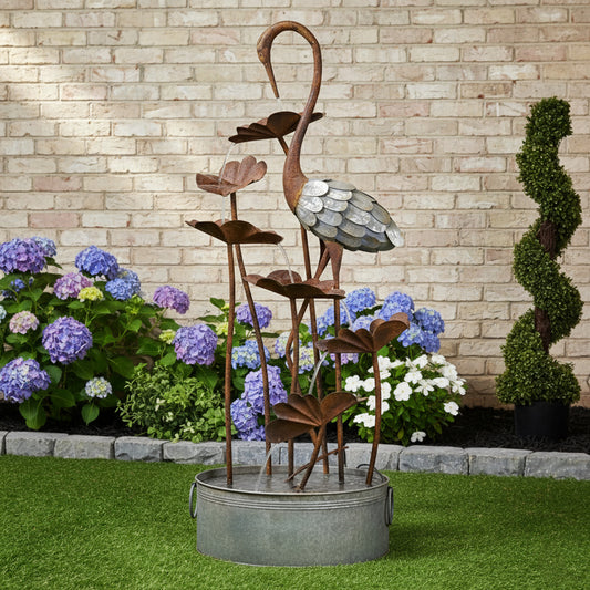 72" Handmade Rustic Metal Heron & Lily Pad Water Fountain