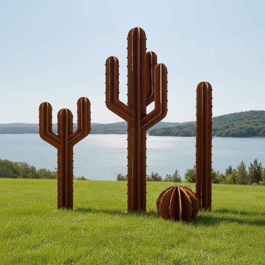 4-Piece Handmade Rustic Metal Cactus Sculpture Set (74"–14")